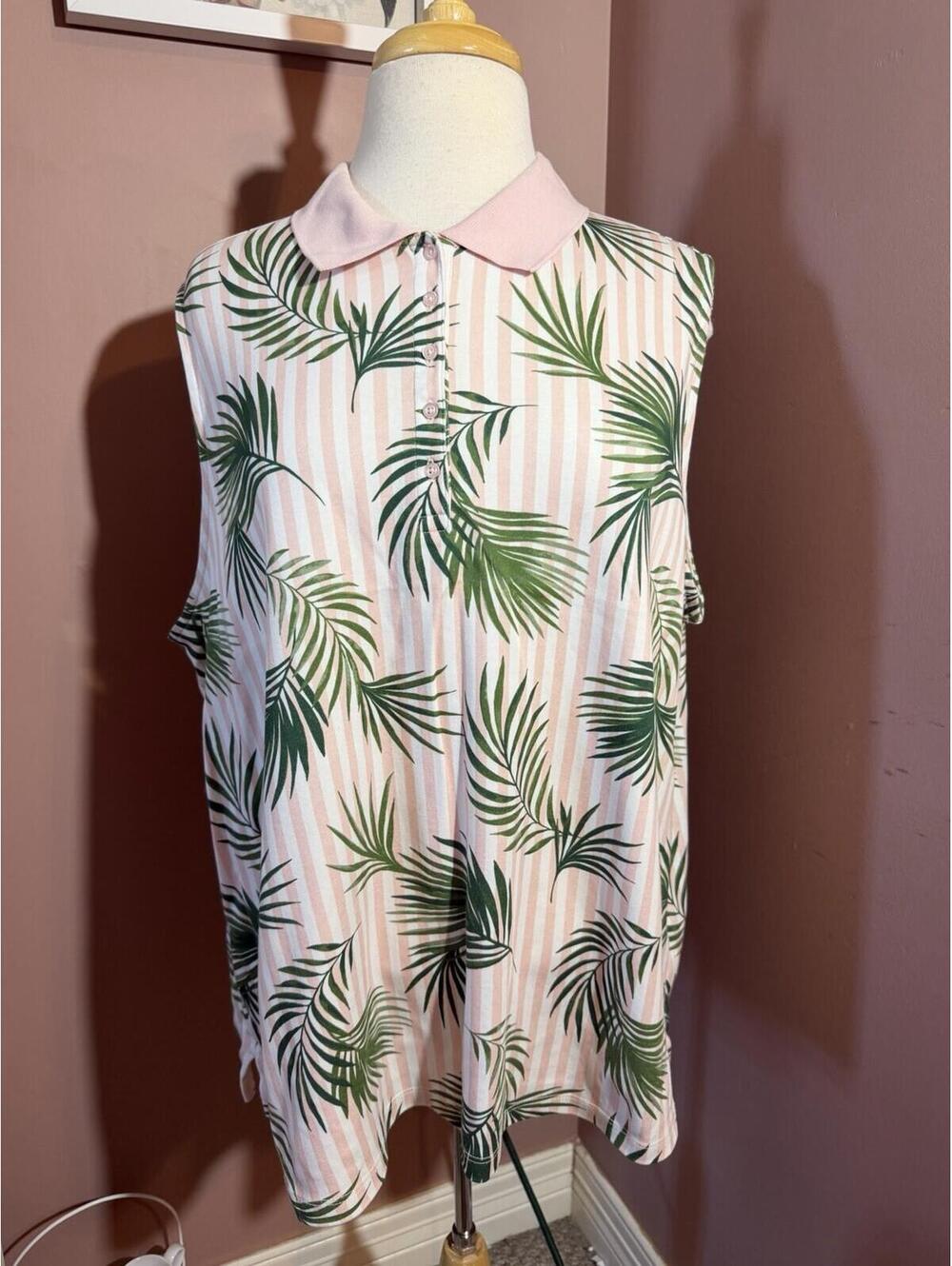 Lands End Sleeveless Cotton Polo Shirt Womens 2X Pink Stripe Green Palm Leaf